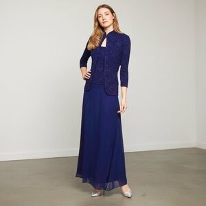 Alex Evenings 3 Piece Skirt Set Navy Blue L Sequin Mother Bride Elegant Formal